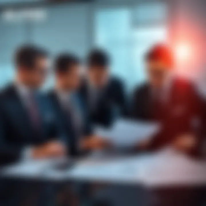 A group of well-dressed individuals in suits discussing over scientific reports, with a backdrop of charts and graphs, representing the influence of elites on science and public perception.