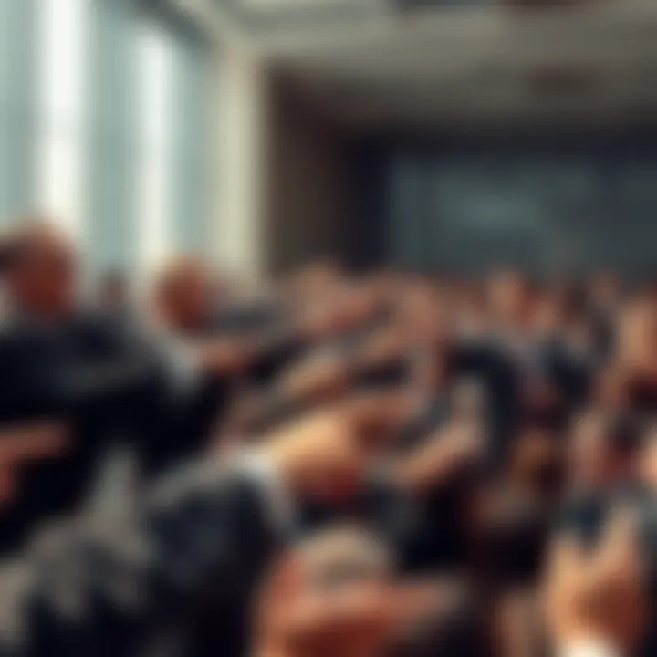 A group of elite individuals in suits pointing fingers towards a diverse crowd, symbolizing blame and manipulation.