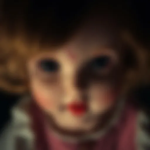 A close-up of Ella the Haunted Doll, with her porcelain face and dark, haunting eyes, surrounded by dim lighting, creating an eerie atmosphere.
