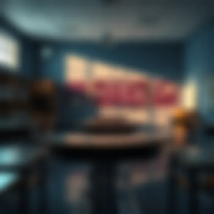 A teacher's classroom with an empty desk and a somber atmosphere, reflecting the tragic case of Ellen Greenberg.