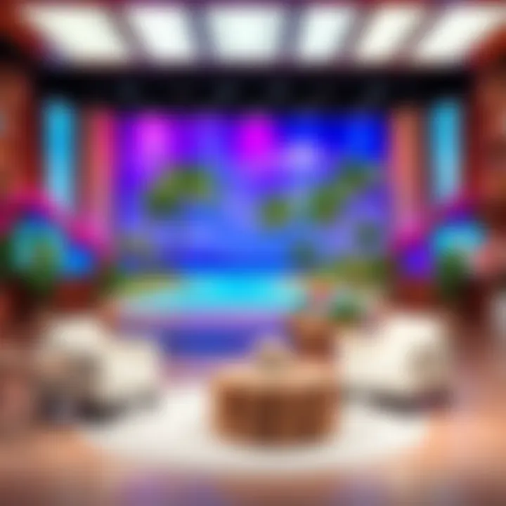 The set of The Ellen DeGeneres Show with colorful decor resembling Epstein Island's tropical theme