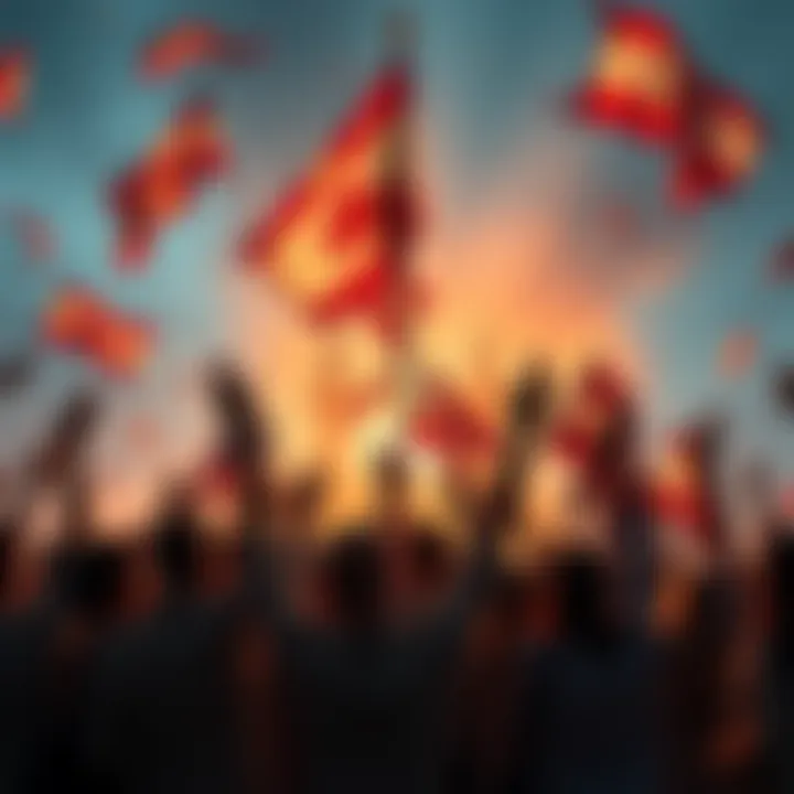 People celebrating a major victory at Ellis Island, with flags waving and smiles all around.