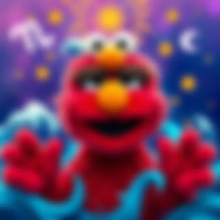 A vibrant illustration of Elmo, the red furry character from Sesame Street, surrounded by symbols representing the Aquarius zodiac sign, like waves and stars.