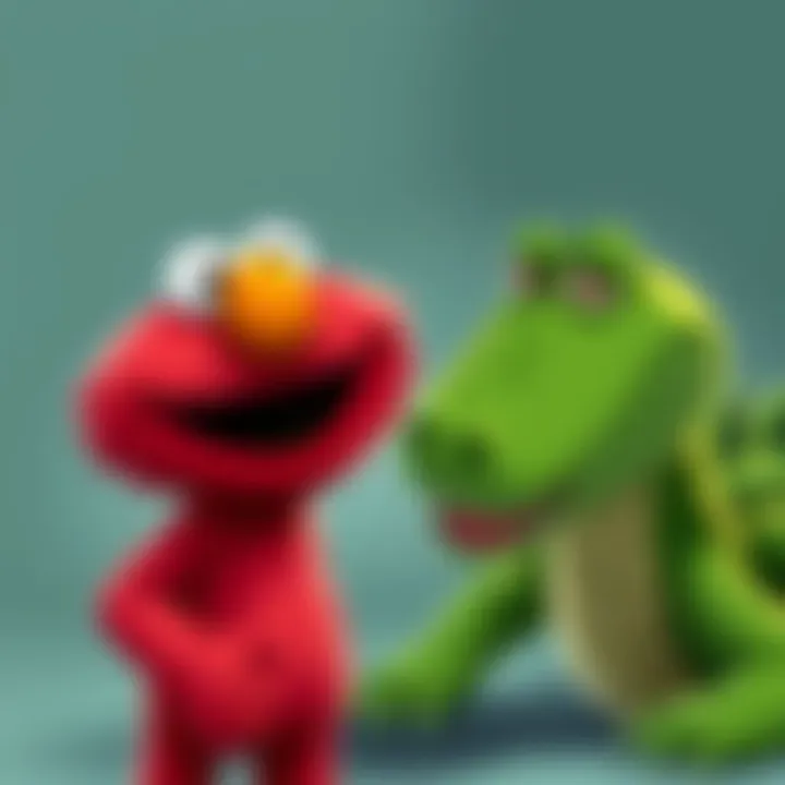 A cartoon image of a red furry character resembling Elmo next to a green crocodile with a big smile, highlighting the connection between them.