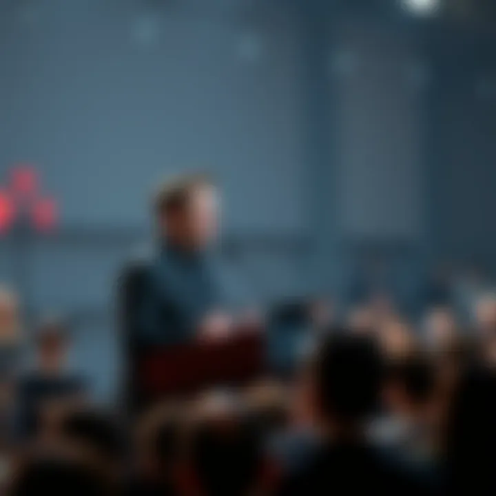 Elon Musk speaking at a podium about the future of technology and society in 2026, engaged audience listening