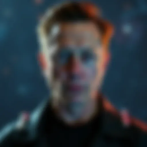 Elon Musk standing in front of a galaxy backdrop, with an intrigued expression on his face, suggesting theories about his identity.