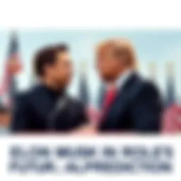 Elon Musk speaking with Donald Trump at a press event with a background of American flags