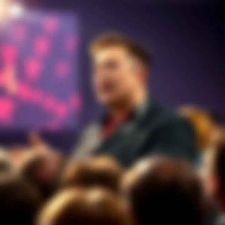 Elon Musk speaking at a conference about the possibility of a future where everything could be free, with an audience listening attentively.