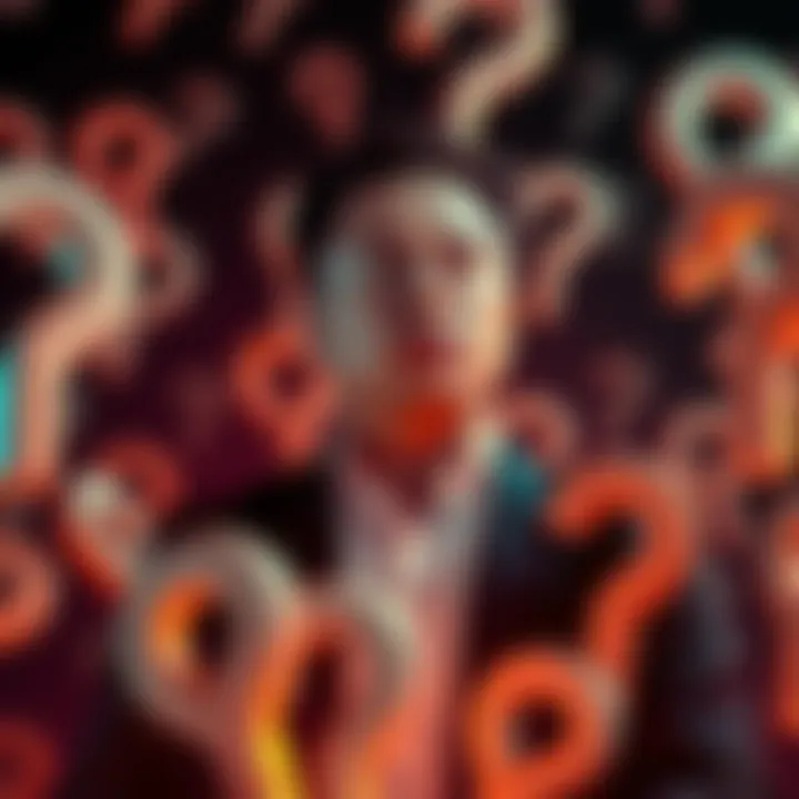 Elon Musk standing with a thoughtful expression, surrounded by large question marks symbolizing debate and speculation about his potential connection to Antichrist prophecies.