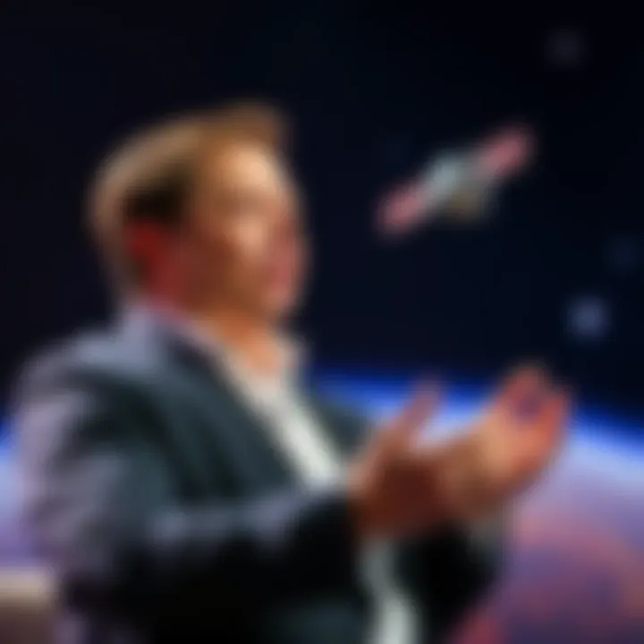 Elon Musk speaking passionately about satellites and the search for extraterrestrial life at a conference.