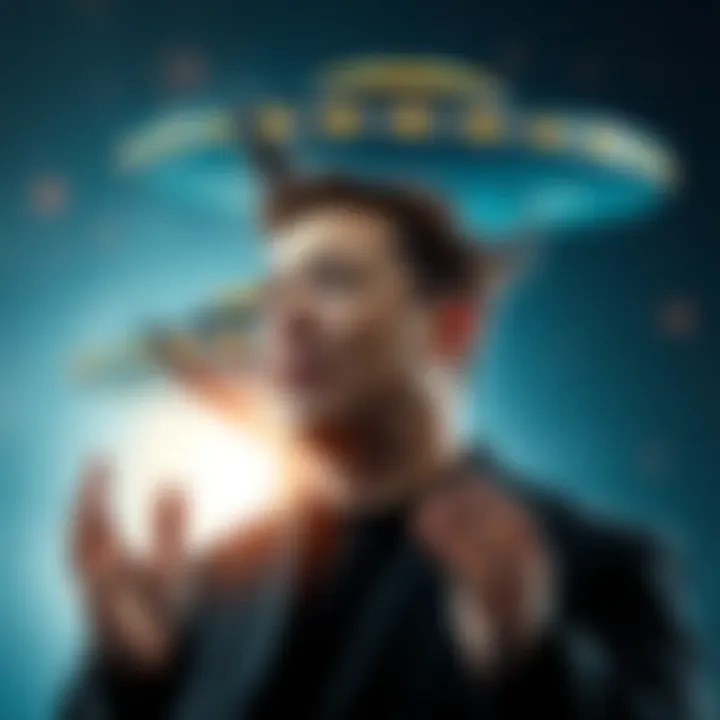 Elon Musk speaking about UFOs and military technology, surrounded by a futuristic background with a UFO silhouette