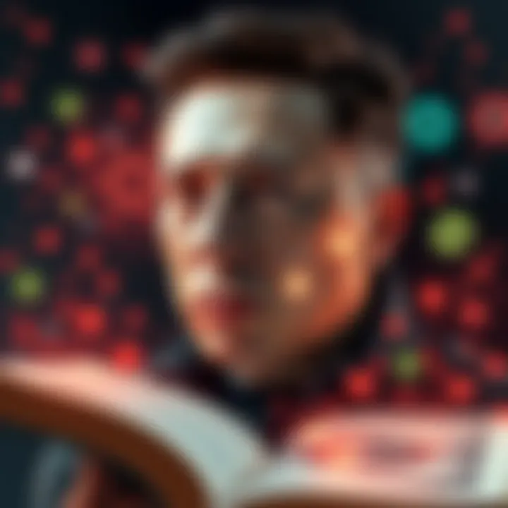 A visual of Elon Musk with elements representing artificial intelligence and the concept of grokking from a book.