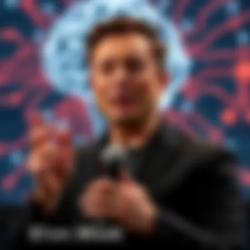 Elon Musk speaks at an event about his brain chip project, with visuals of brain and technology behind him