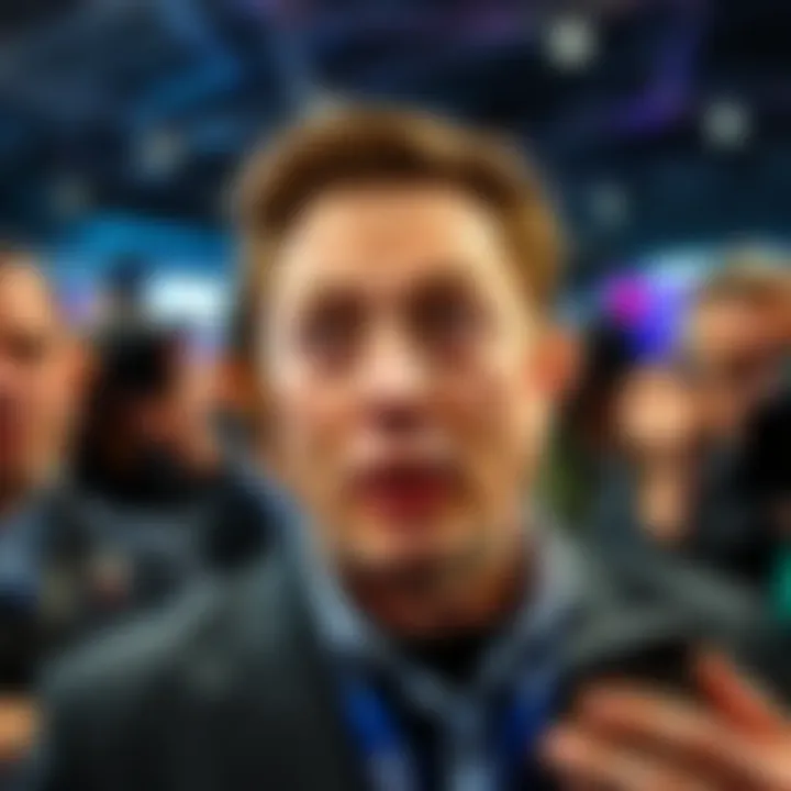 Elon Musk making an unexpected statement at a recent event, surrounded by cameras and onlookers, showing a mix of surprise and curiosity.