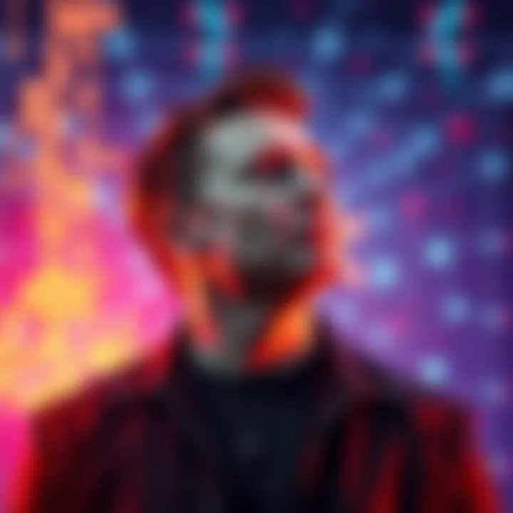 A contemplative Elon Musk against a digital backdrop symbolizing the concept of a simulated universe