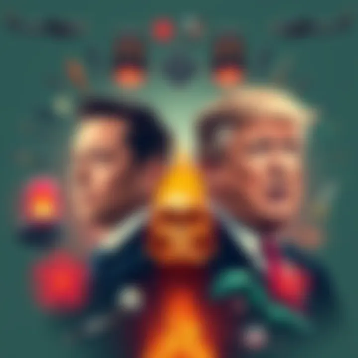 Illustration showing Elon Musk and Donald Trump surrounded by symbols of technology and biblical prophecy, suggesting a connection to the Mark of the Beast narrative.