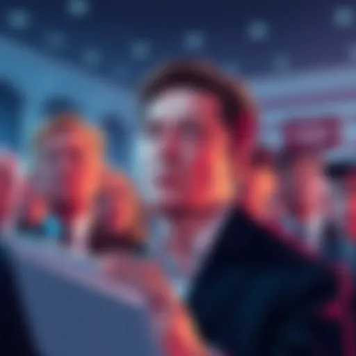Illustration of Elon Musk looking concerned while interacting with a group of Trump supporters in a political setting.