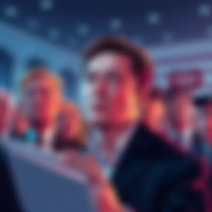 Illustration of Elon Musk looking concerned while interacting with a group of Trump supporters in a political setting.