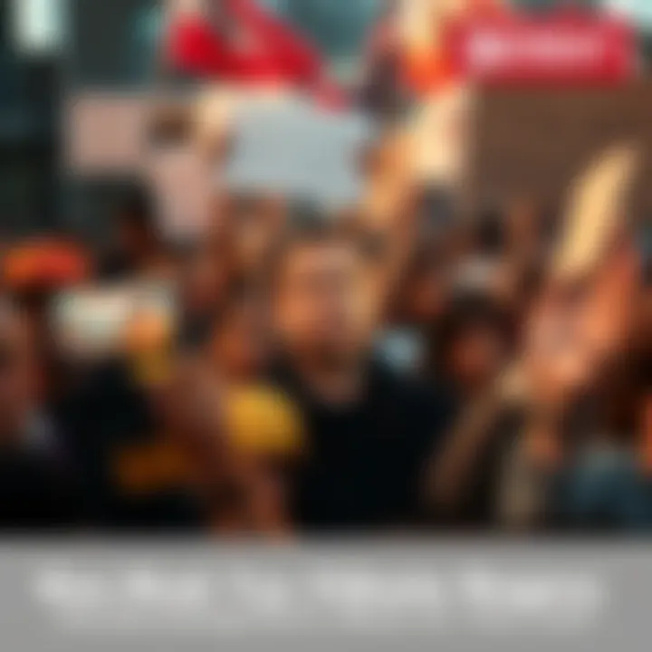 A crowd of people holding signs concerning immigration and visa issues, with a central image of Elon Musk looking concerned.