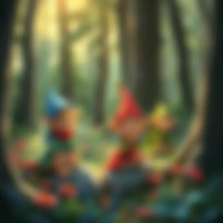 Elves in a Forest A whimsical illustration of small magical elves with pointed ears and colorful outfits, surrounded by trees and flowers in a lush forest setting.
