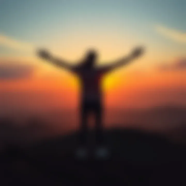 A serene person standing on a hilltop at sunset, arms stretched wide open, feeling a sense of freedom and joy.