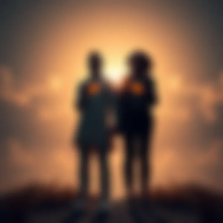 Two diverse individuals standing together with open hearts, symbolizing the journey of overcoming ego and embracing equality.