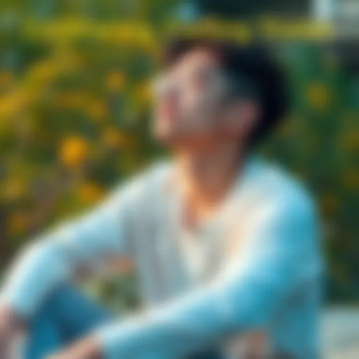 A person sitting in a peaceful setting, eyes closed, with a calm expression, symbolizing personal growth and emotional balance.