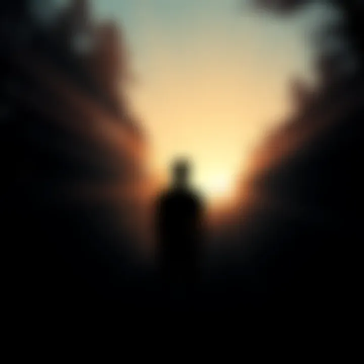 Embracing Inner Darkness A silhouette of a person standing at the edge of a dark forest, with beams of light breaking through the trees, symbolizing the journey to inner freedom.
