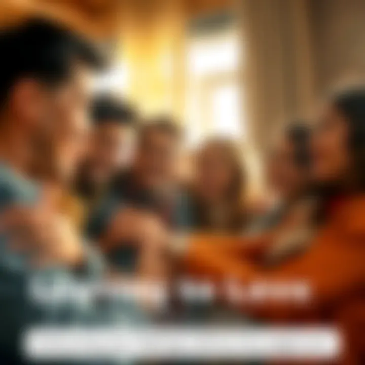 A diverse group of people sharing smiles and embracing one another in a warm setting, symbolizing love and acceptance without judgment.