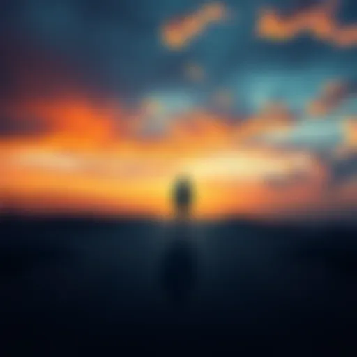 A person standing at a crossroads, looking at their own shadow on the ground, symbolizing self-reflection and growth.