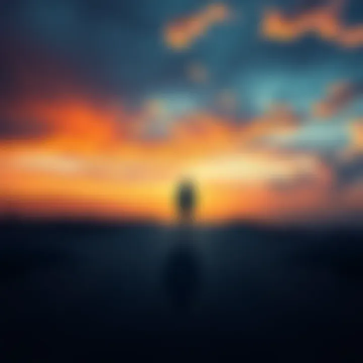 A person standing at a crossroads, looking at their own shadow on the ground, symbolizing self-reflection and growth.
