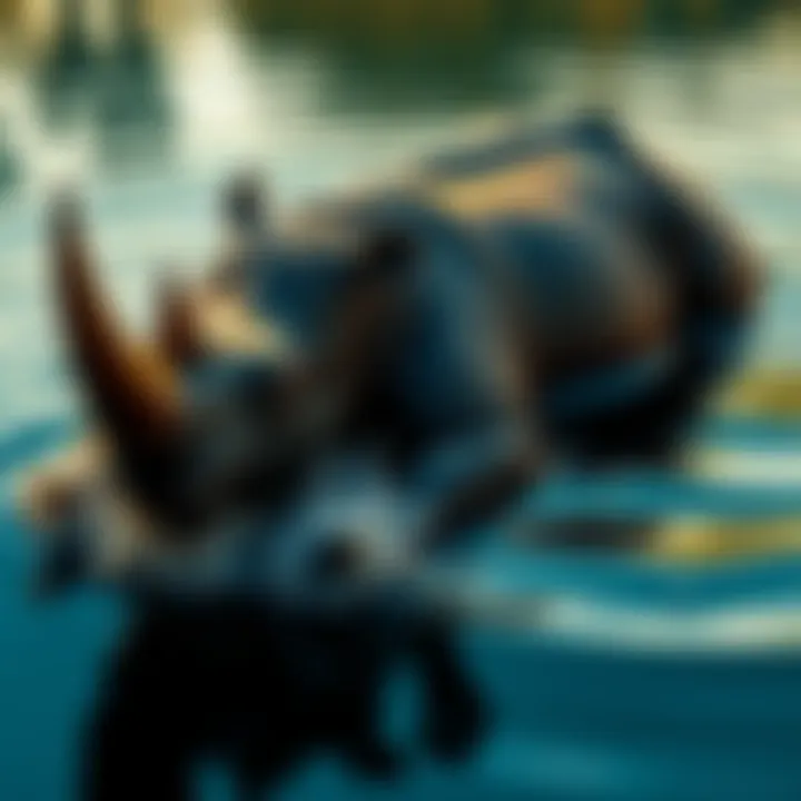 Emela-Ntouka Creature A depiction of the Emela-Ntouka, showing its amphibious traits and resemblance to a rhinoceros in a water setting.