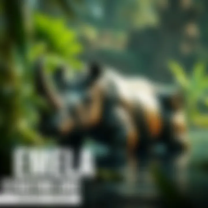 A depiction of the Emela-ntouka, an amphibious creature resembling a rhinoceros, surrounded by a lush environment
