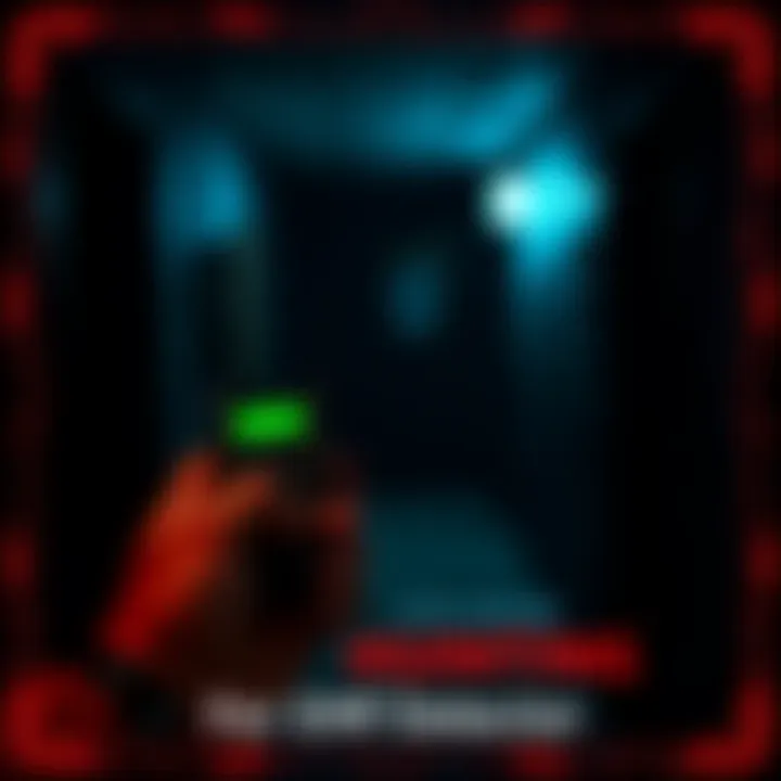 A person holding an EMF detector while exploring a dark room, looking for paranormal activities.