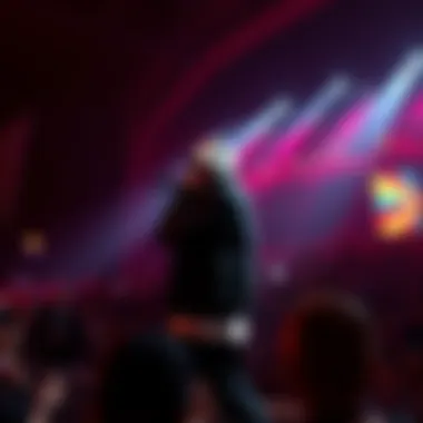 Eminem stands on stage with a microphone, surrounded by colorful lights and an energetic crowd