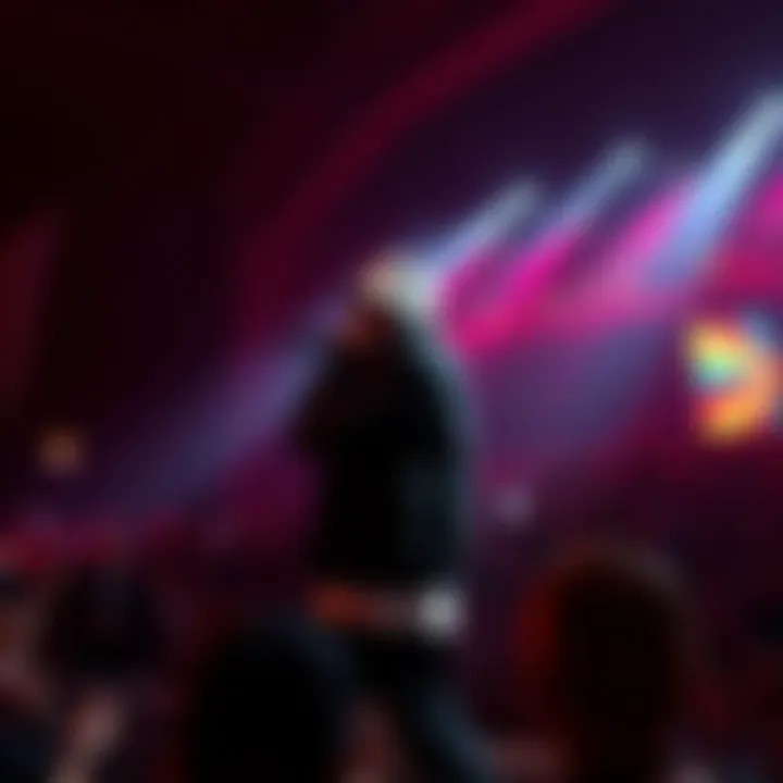 Eminem stands on stage with a microphone, surrounded by colorful lights and an energetic crowd