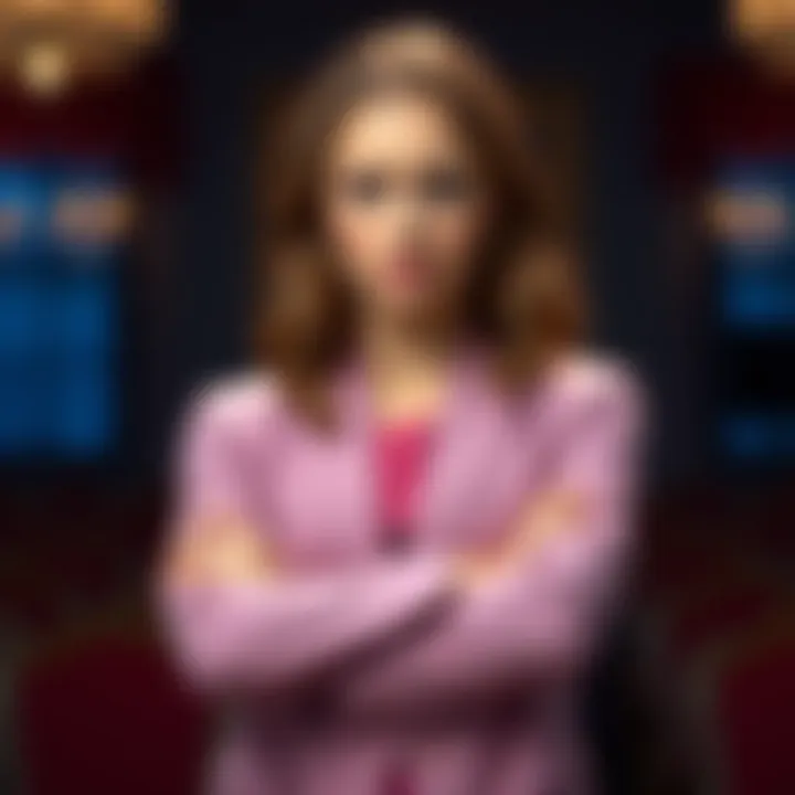 Emma looks disappointed with crossed arms after being interrupted during a discussion about George Washington collectibles.