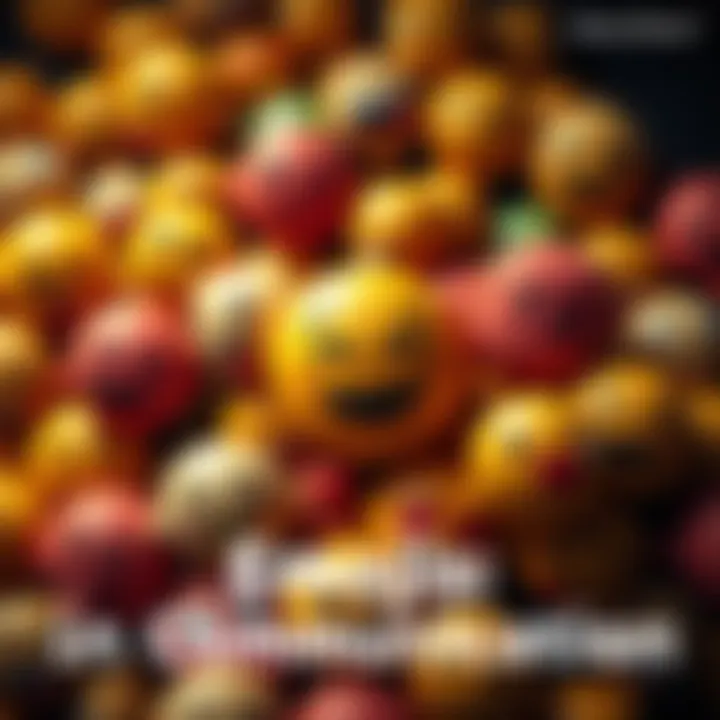 A colorful collage of various emojis representing emotions, including 😝, 🙄, and 🫣, illustrating their role in online conversations.