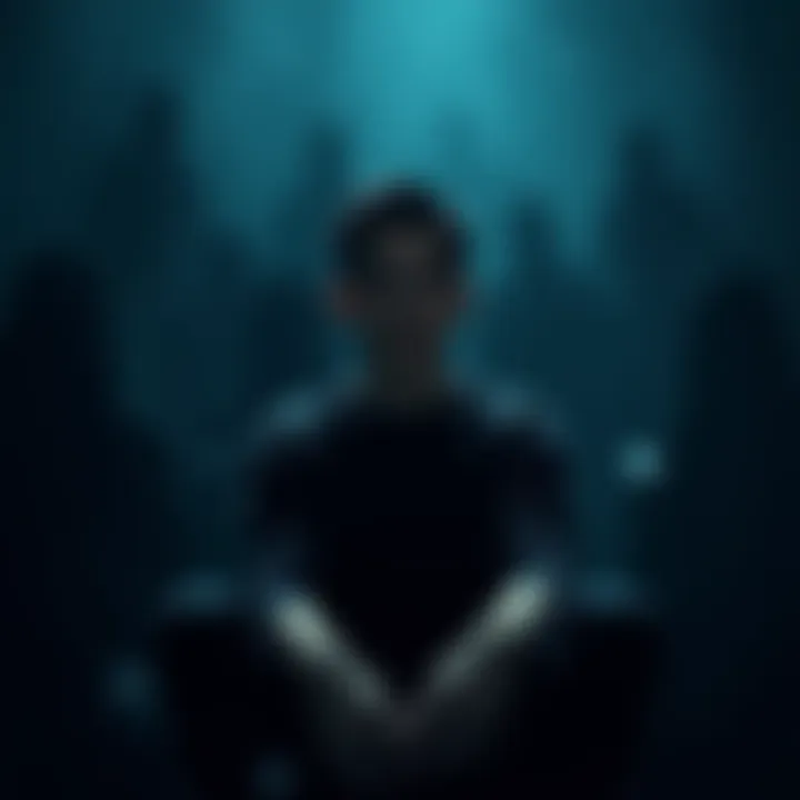 Person feeling emotionally disconnected Individual sitting alone with a blank expression, surrounded by shadowy figures, representing feelings of emptiness and emotional numbness.