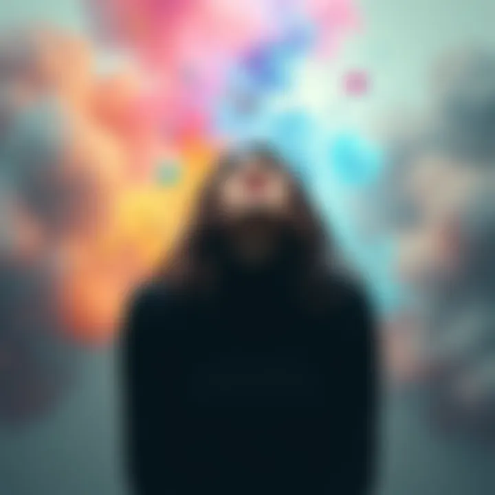 Emotional Contrast in Dreams A person experiencing joy and sadness in a dream setting, with vibrant colors representing different emotions, contrasting with a calm, neutral waking life background.