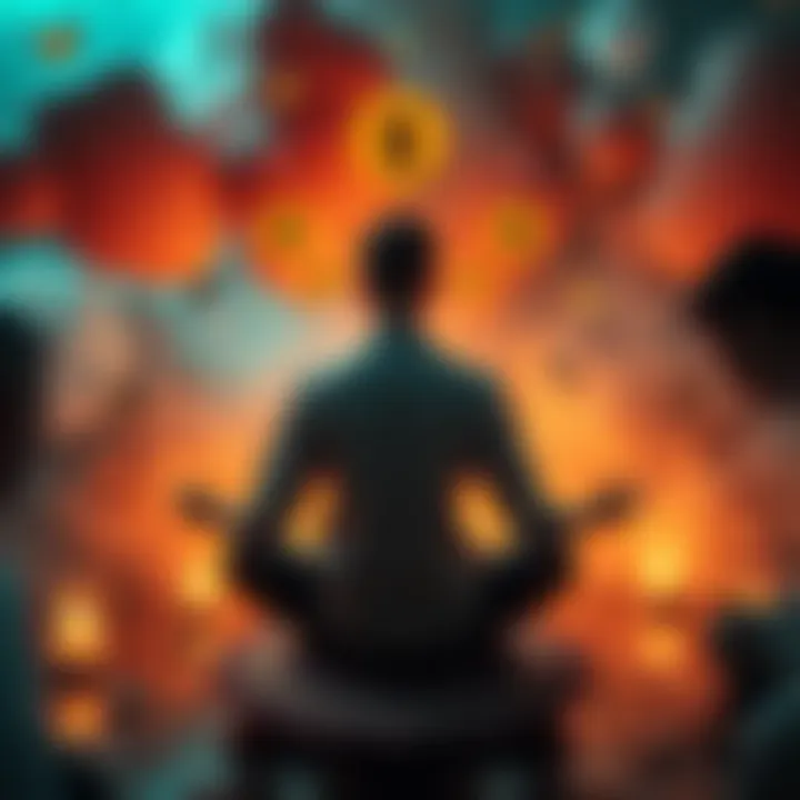 A person sitting in meditation, surrounded by symbols of relationships and money, looking contemplative and emotional.