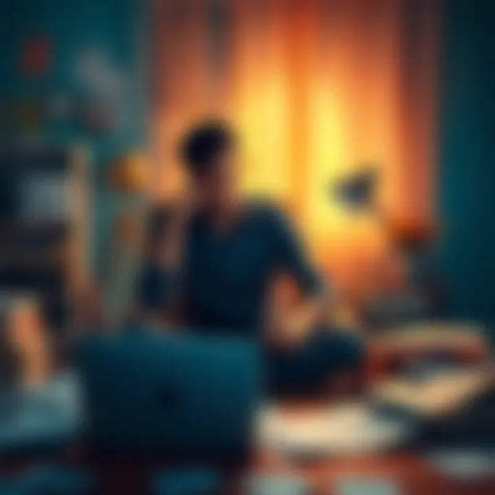 A person reflecting on their challenges related to Sade Sati, showing mixed emotions while sitting at a desk with scattered papers and a laptop, symbolizing struggles in education and career.