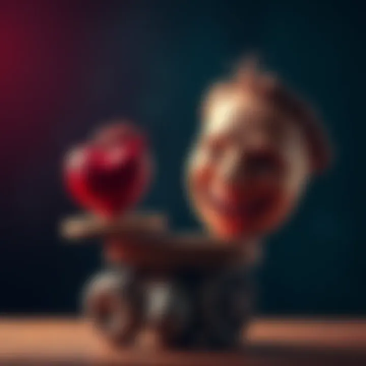 Emotional Balance A person balancing a heart and a sarcastic smile, showing the contrast between sensitivity and sarcasm in social interactions.