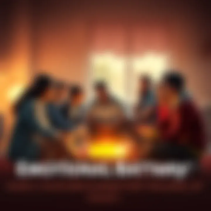 A group of people sitting in a circle sharing their emotional battery levels. Some look energized while others appear thoughtful. A warm and supportive atmosphere surrounds them.