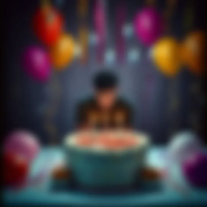 A person sitting alone at a birthday party, looking contemplative with a half-eaten cake in front of them, surrounded by balloons and streamers.