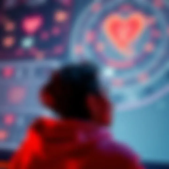 A person looking at astrological charts, feeling conflicted about love and expectations, with a backdrop of hearts and stars.