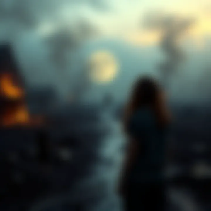 A person stands in a burnt village, gazing at a distant figure that resembles a long-lost teacher, surrounded by memories and emotion, tears in their eyes.