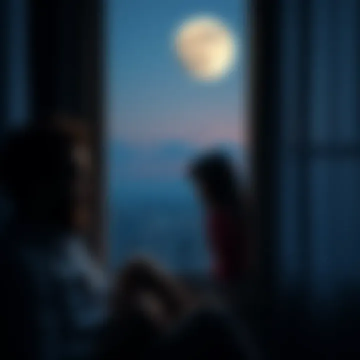 A person sitting thoughtfully by a window, looking pensive while gazing at the moon, reflecting on their emotions and relationships.