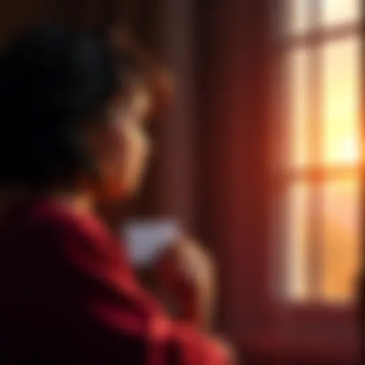 A person standing by a window, looking out with tears in their eyes, holding a farewell card, symbolizing a heartfelt goodbye and connection, while soft light filters in.