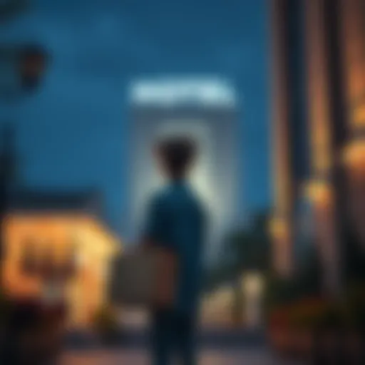 A person stands outside a hotel holding a box of personal items, looking back with a sad expression, symbolizing job loss and gratitude.